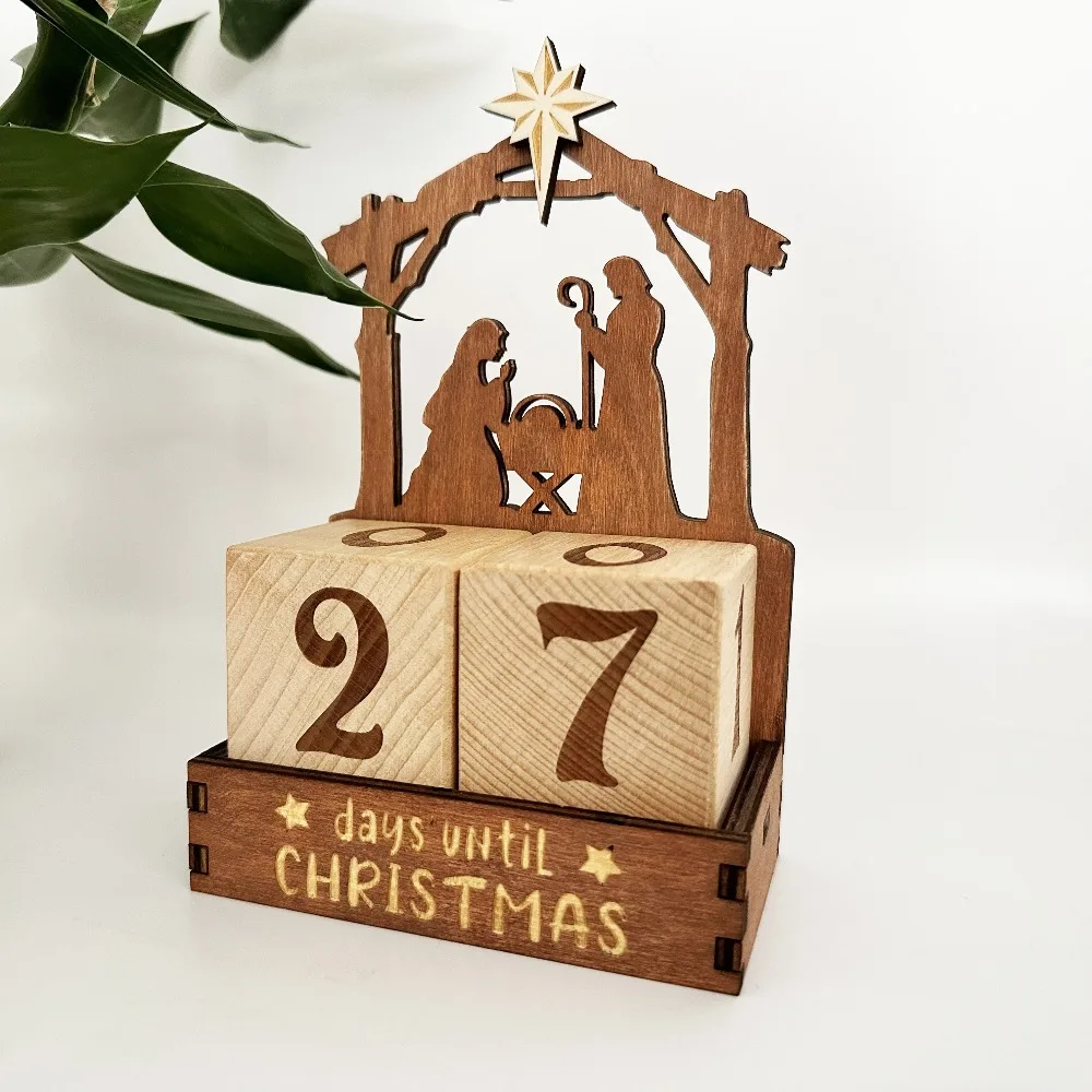 Calendario de Adviento de Natividad de madera, bloques de cuenta regresiva, días hasta Navidad, decoraciones navideñas de invierno para el hogar, mesa y oficina - imagen 3
