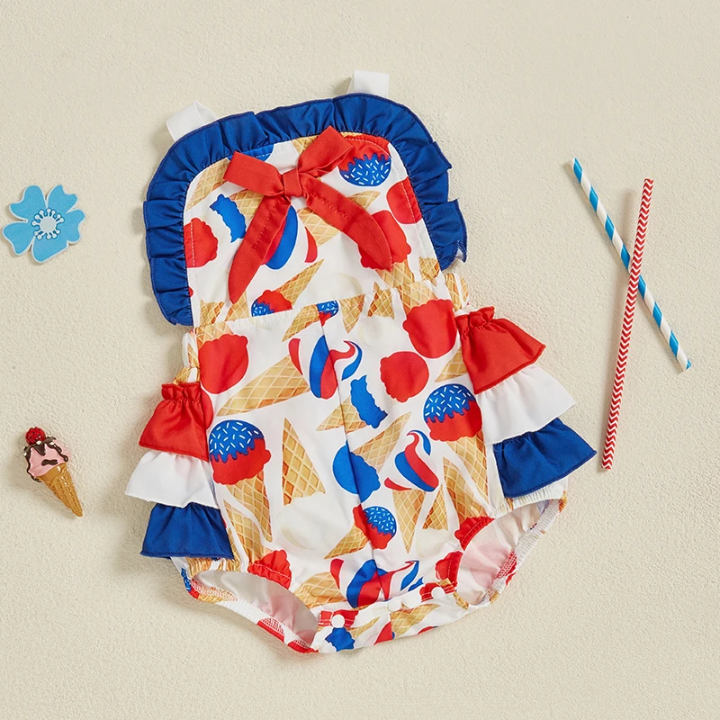 Pelele patriótico para niña de 0 a 12 meses, mono informal con estampado de helado y volantes para recién nacido, ropa bonita para niño pequeño - imagen 3