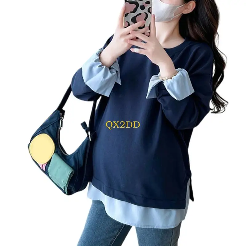 QX2D Sudadera algodón suave para embarazo, dobladillo en capas, corte espacioso, lavable a máquina, comodidad diaria y - imagen 4