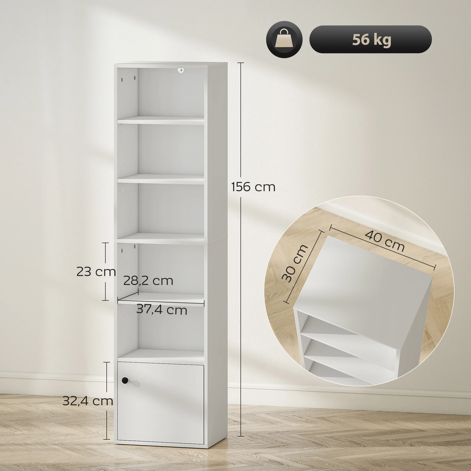 HOMCOM Librería de 6 Niveles, Estantería para Libros con Estantes Ajustables y Puerta, Estantería Moderna, 40x30x156 cm, para Salón, Dormitorio, Estudio, Oficina, Blanco - imagen 5
