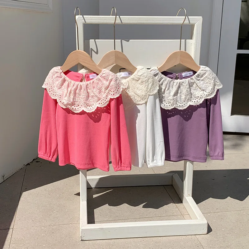 Camisetas Blusa de encaje para niñas Cuello con volantes Top de manga larga Capa base estilo princesa para bebés Ropa para niños - imagen 3