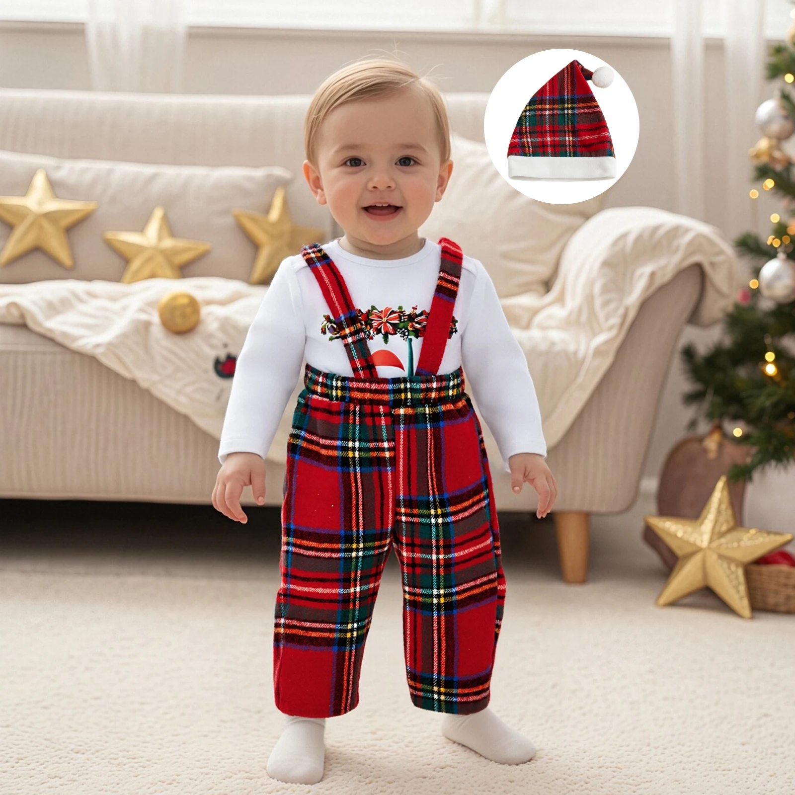 ViSgogo Conjunto de 3 piezas de traje navideño para bebé, niño y niña, mameluco de manga larga de Papá Noel, pantalones con tirantes a cuadros y sombrero - imagen 4