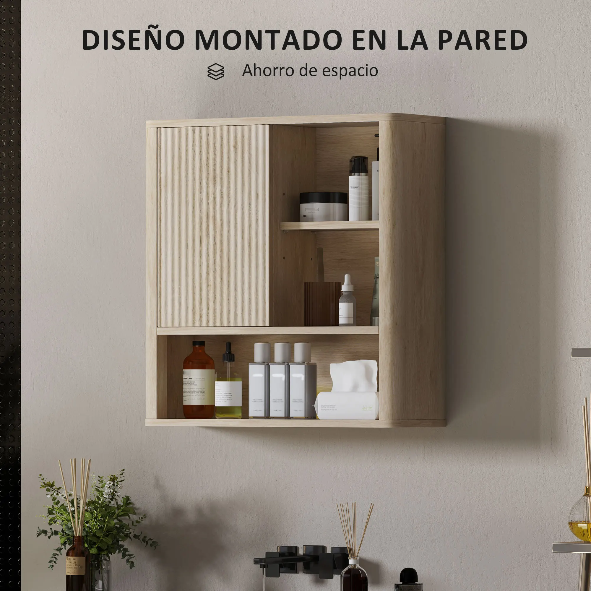 HOMCOM Armario de Baño de Pared Mueble de Baño Colgar con Estantes Ajustables Puerta Corredera Compartimentos y Diseño con Perfil Curvo 60x20x62 cm Natural - imagen 4