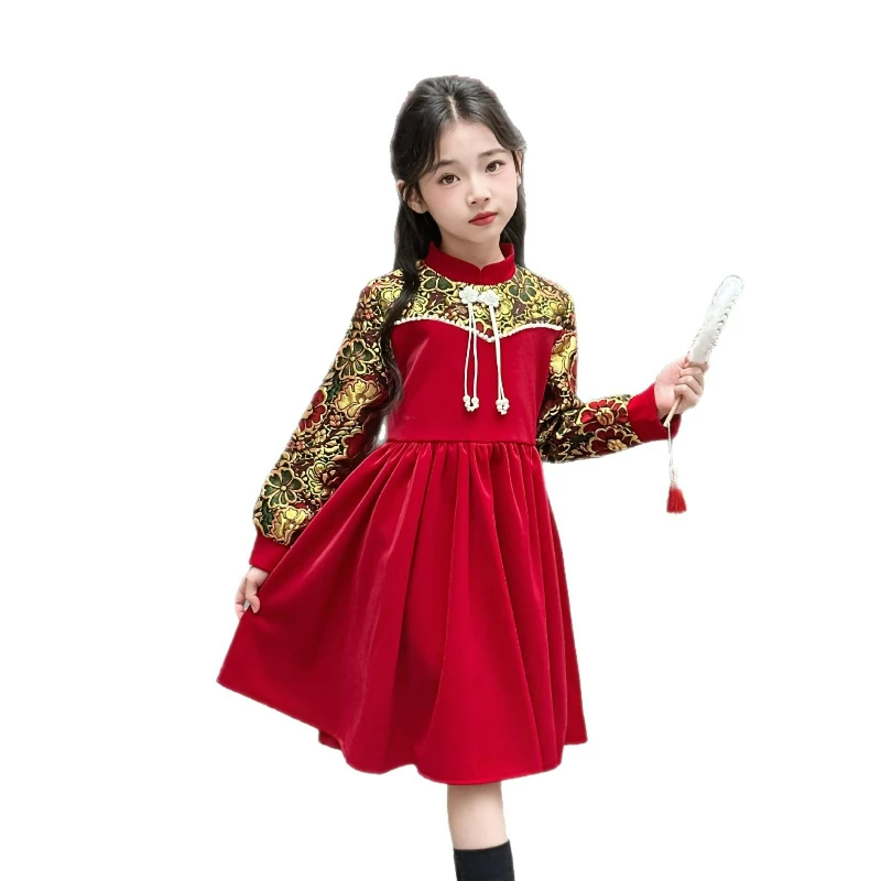 Vestido de Año Nuevo Qipao para niña, vestido con forro polar de otoño e invierno, nuevo vestido rojo de estilo chino para niños, lindo vestido de princesa - imagen 5