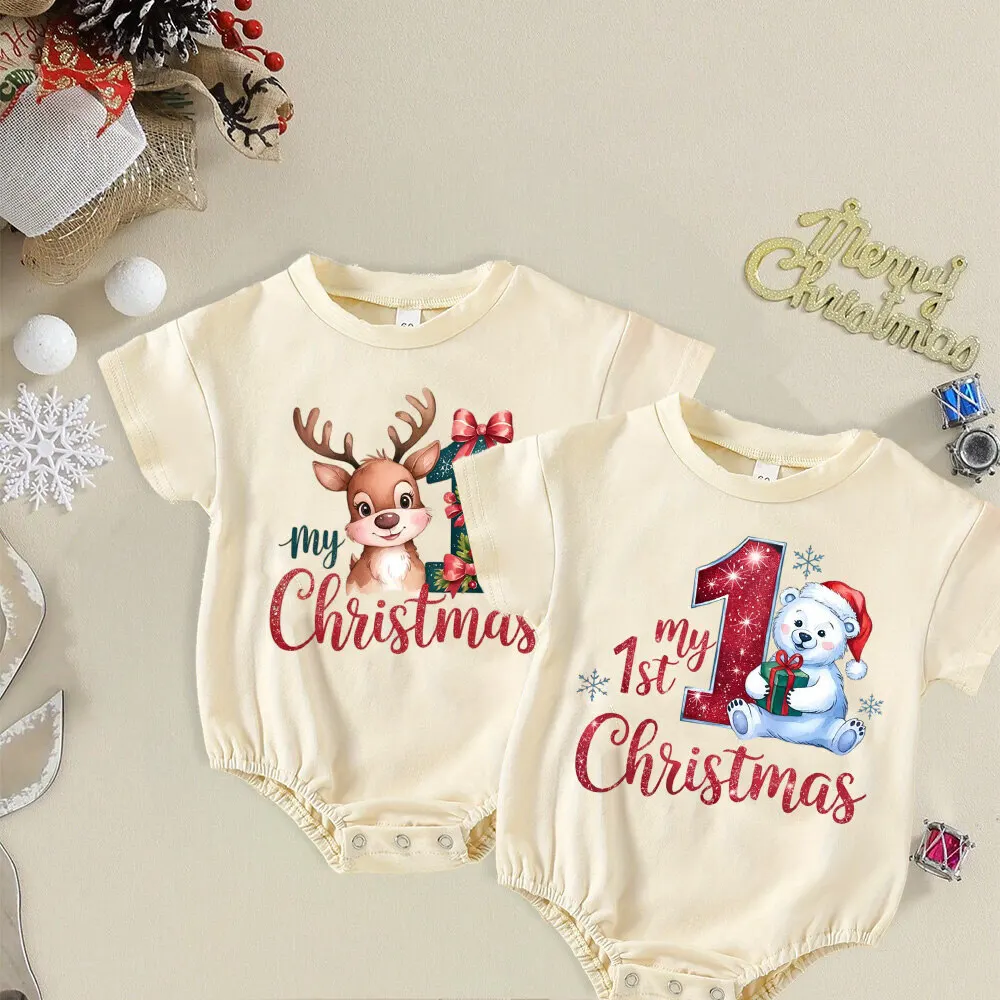 Mameluco de burbujas con estampado de My 1st Christmas para bebé, mono infantil para fiesta de Navidad, pelele de manga corta para niños y niñas, mono de Navidad para niños pequeños