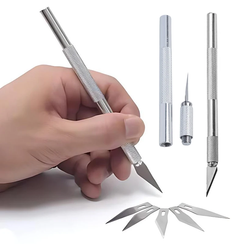 Cuchillo para bolígrafo, cuchillo artesanal de Metal plateado de alta calidad con hoja, escultura de grabado, herramientas artesanales, accesorios de tallado en madera ZYF, 1 ud.