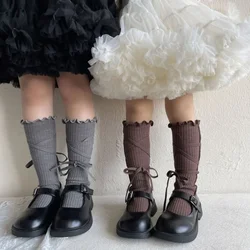 Calcetines sencillos para niños y niñas, calcetín coreano de moda de Color sólido con lazo y volantes hasta la pantorrilla, calcetín escolar de algodón suave para otoño