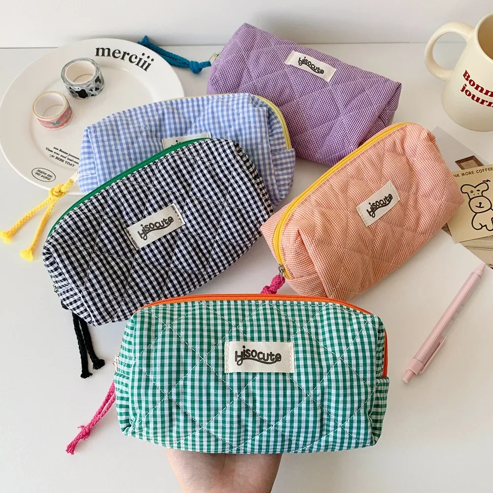 Estuche para lápices de tela a cuadros de gran capacidad estilo INS, bolsa de maquillaje de tela de estilo coreano, bolsa de almacenamiento de papelería para estudiantes de estilo Simple - imagen 3