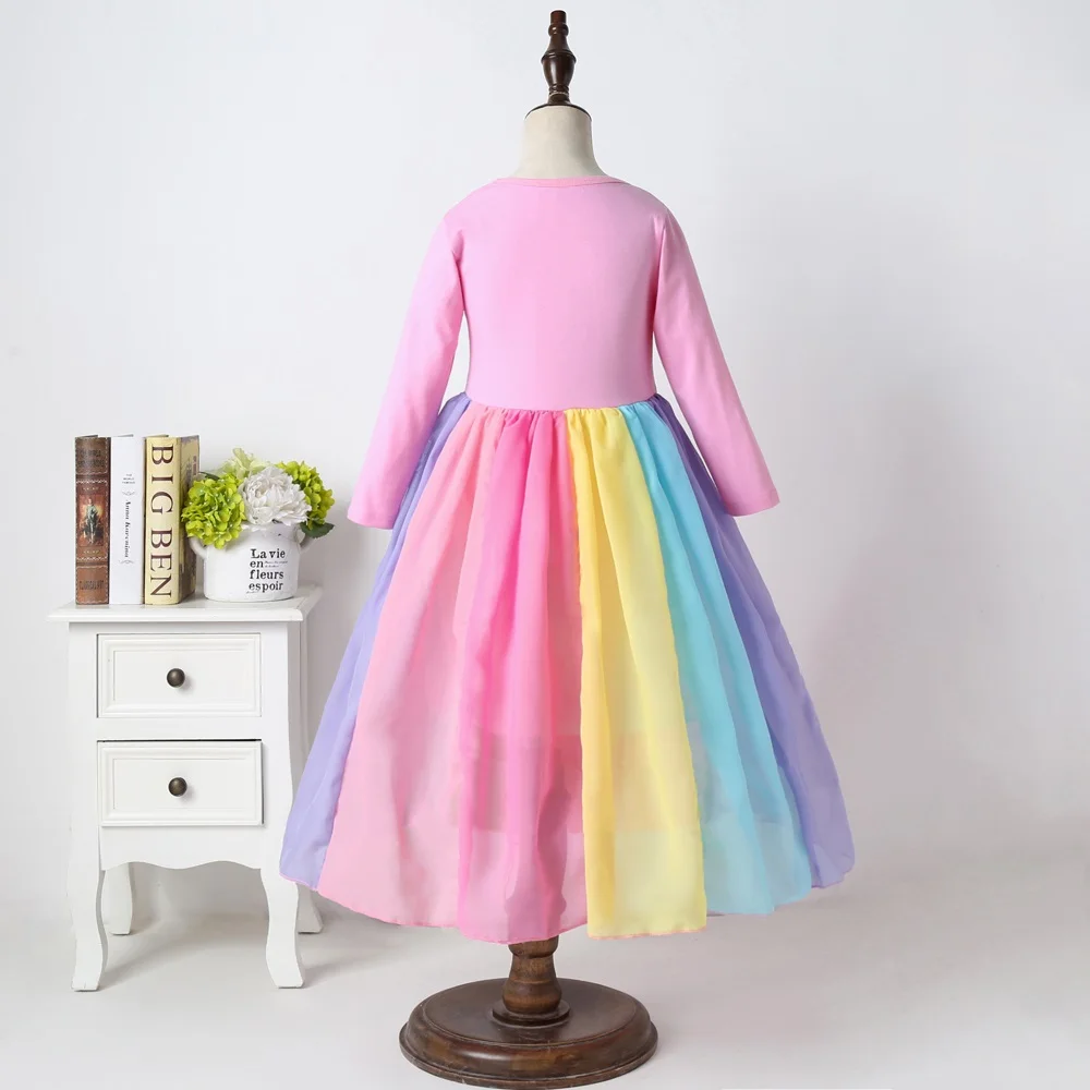 Nueva moda Otoño Invierno Arco Iris manga larga algodón bloque de Color lindo bebé niña vestidos de fiesta de algodón para niños vestido de princesa para niñas - imagen 4