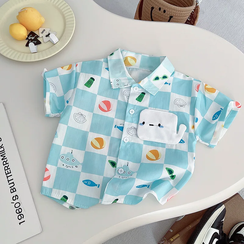 Conjuntos de 2 piezas de verano para niño pequeño, moda coreana, camisetas de manga corta a cuadros con dibujos animados para bebé + pantalones cortos vaqueros, ropa de Boutique para niño B076 - imagen 4