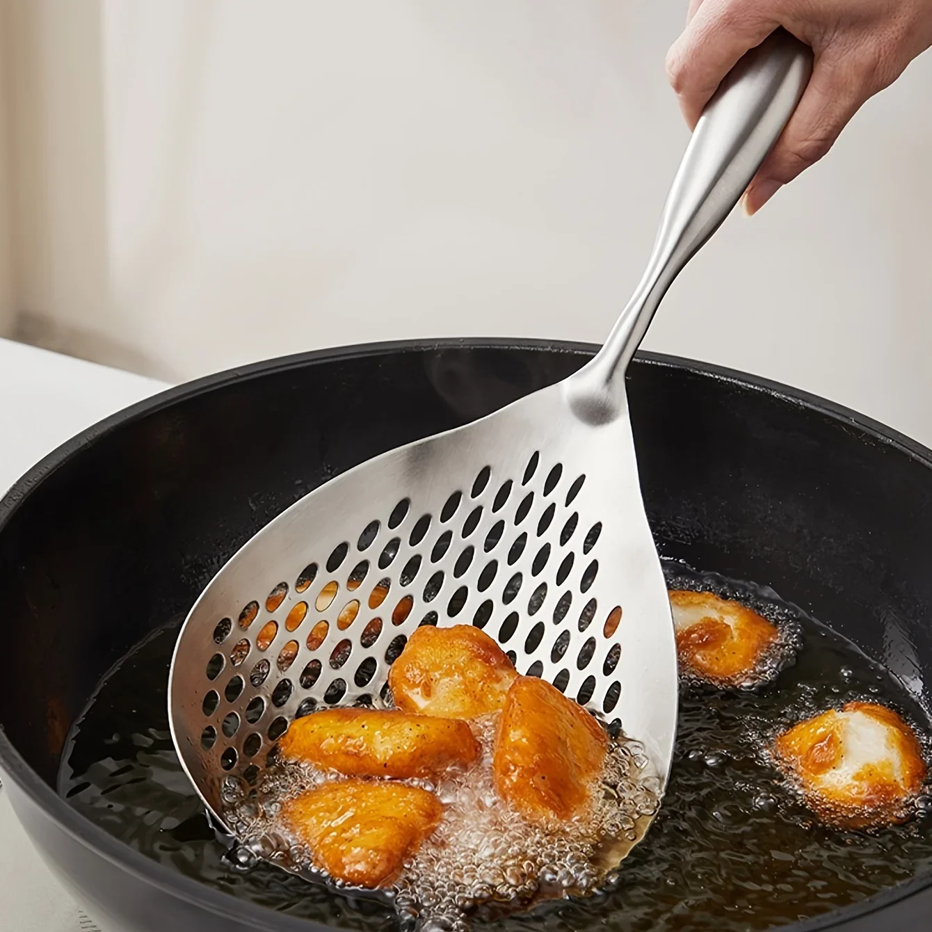 Cuchara espumadera coladora de acero inoxidable duradera grande, cuchara coladora de alimentos resistente para freír y cocinar, utensilios de cocina, 1 ud.