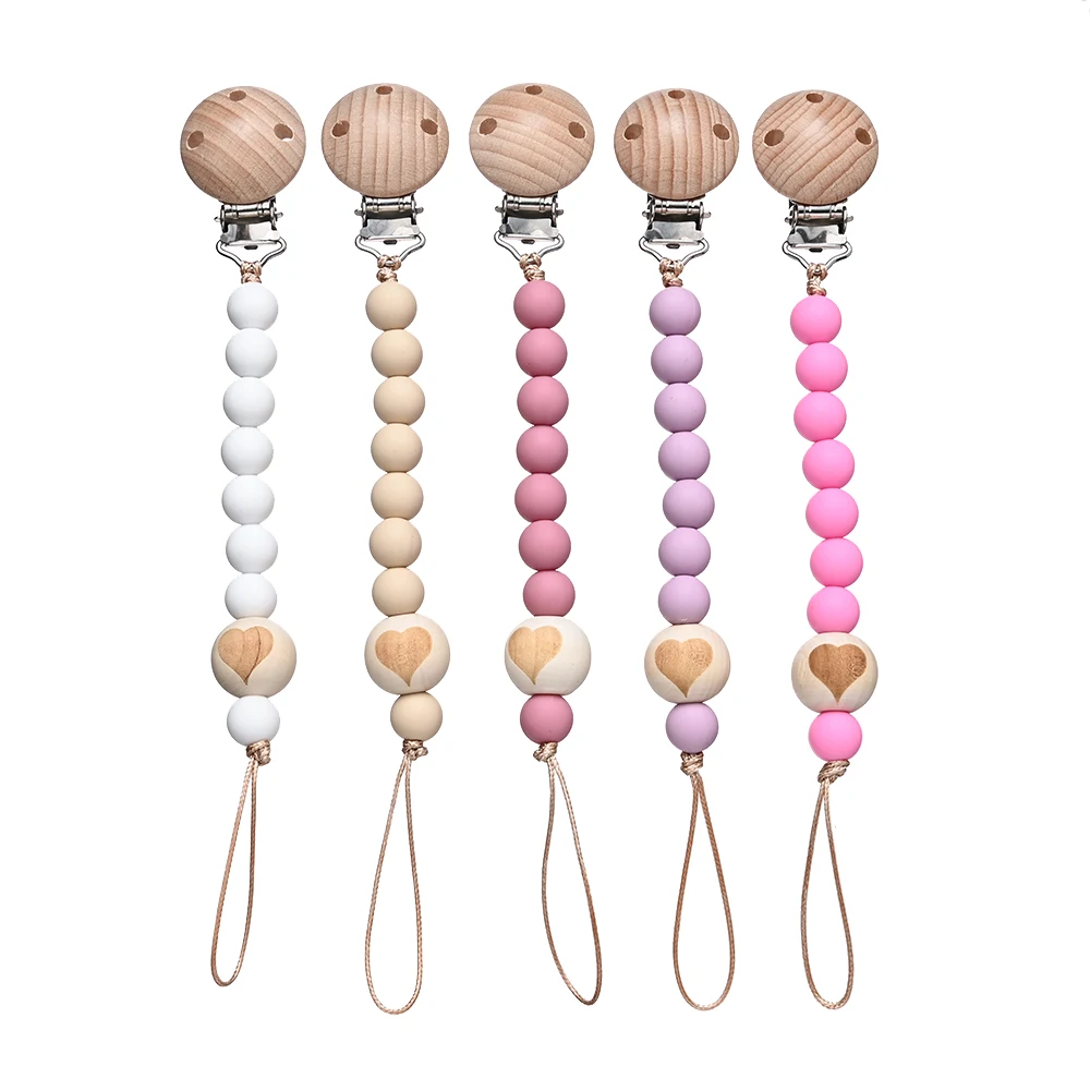 Cadena de dentición con cuentas redondas de silicona para el cuidado, chupete, juguetes para masticar, regalo de ducha, Clips de cadena para chupete de bebé, mordedor de pentagrama de madera - imagen 4