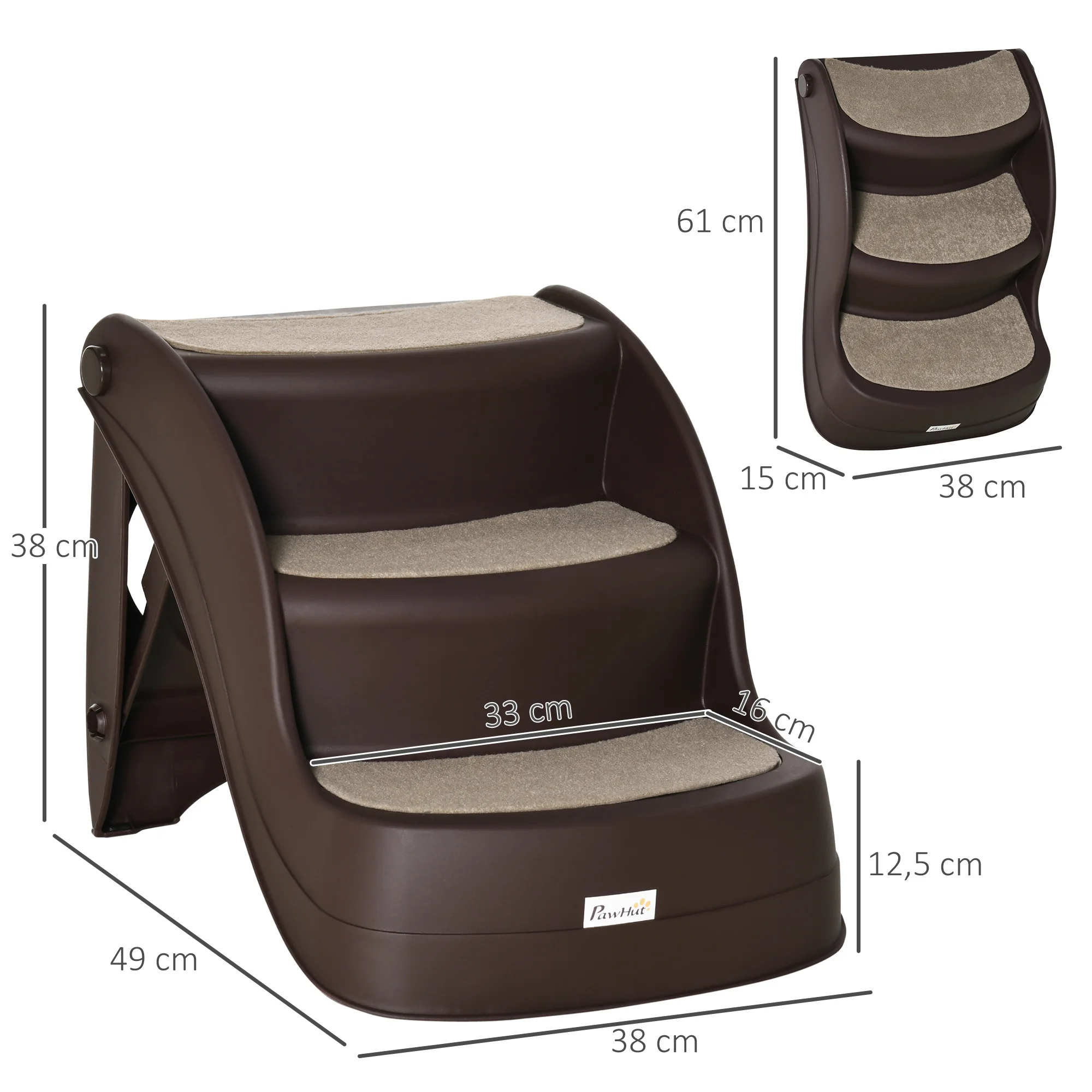 PawHut Escalera para Perros de 3 Peldaños Plegable Escalón de Plástica para Mascotas con Alfombras Antideslizantes para Cama Sofá Carga 15 kg 49x38x38 cm Marrón - imagen 3