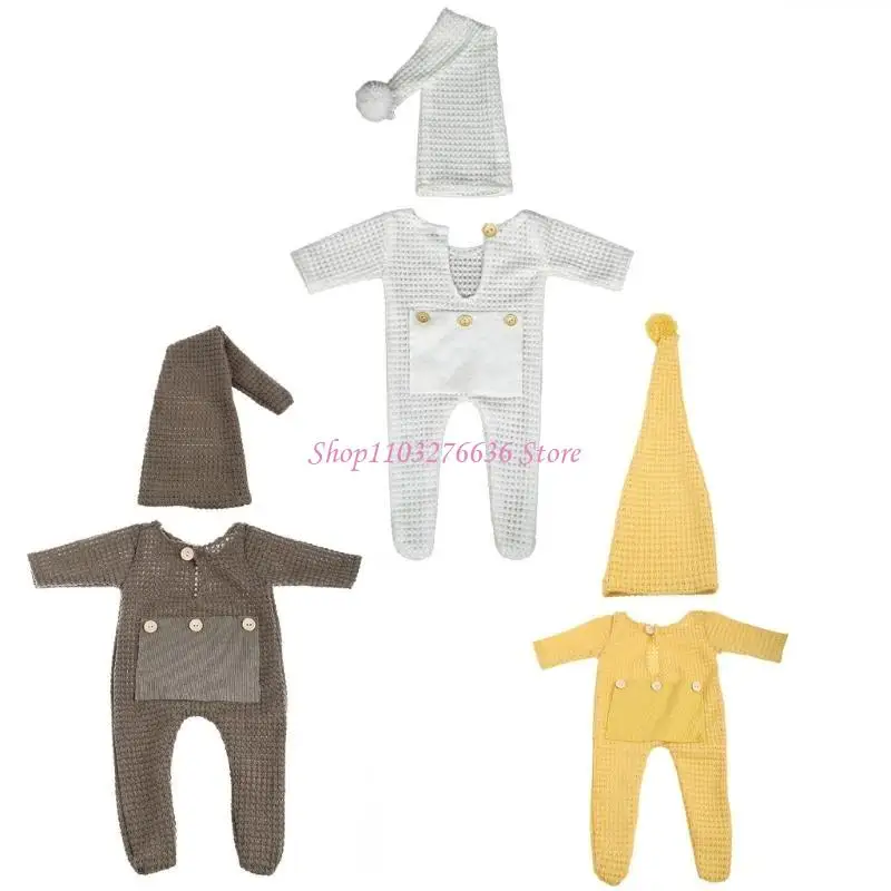 R6FD 2 PCS Propiedades fotografía recién nacida Ajuste crochet Baby Rompper Hat Set Accesories