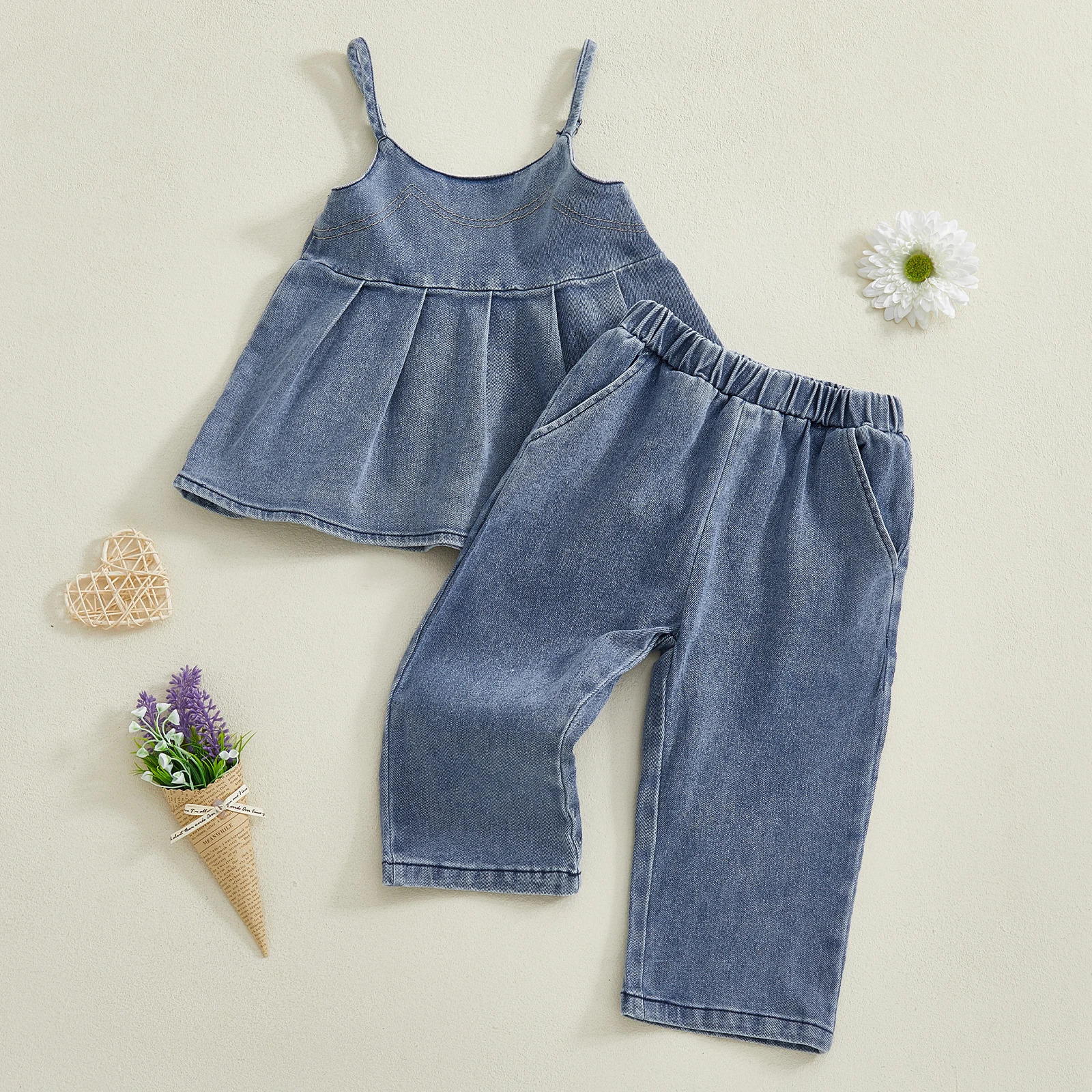 SUNSIOM Conjuntos de ropa para niñas de 1 a 5 años Sin mangas Color sólido Denim Cami Tank Tops Conjuntos de pantalones