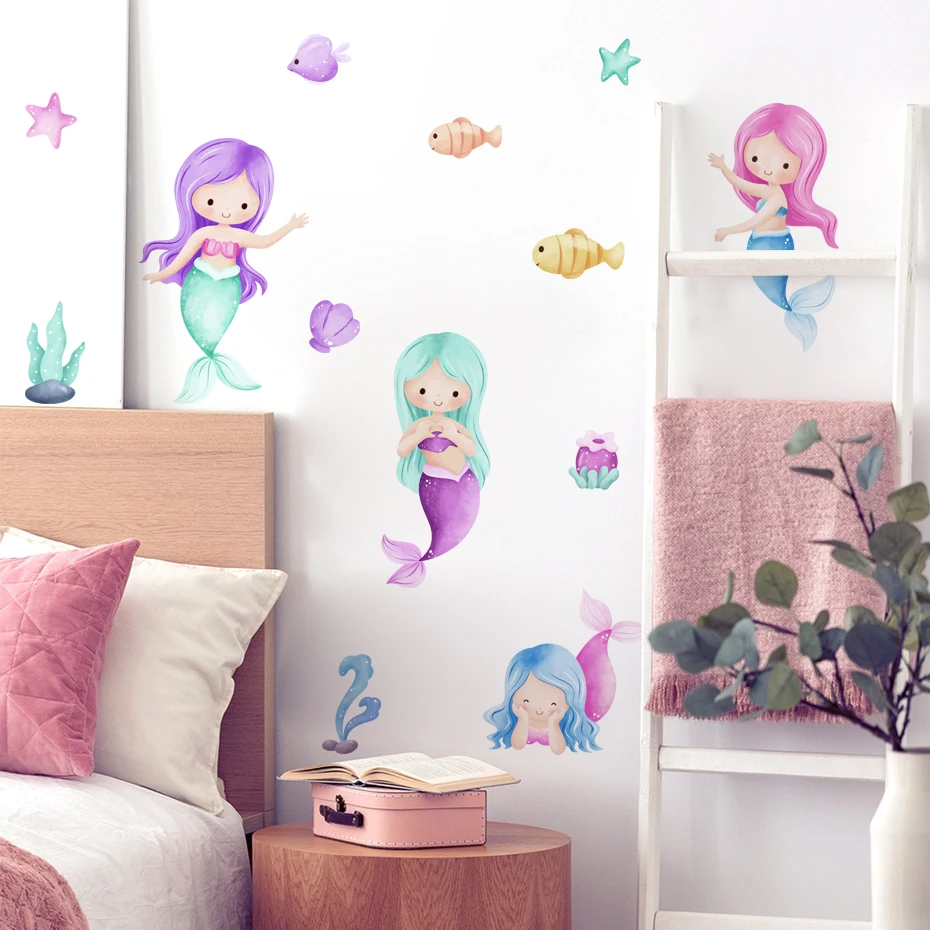 Pegatinas de pared acuarela con sirena y mar para habitación infantil - imagen 2