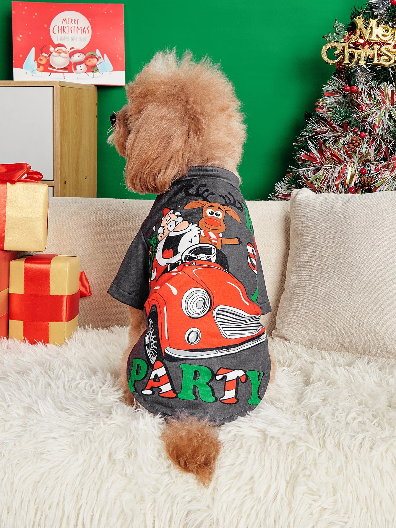 Ropa de perro para perros pequeños, camiseta divertida de Papá Noel, disfraz de alce, pijama de cachorro con patrón de letras de fiesta de latidos - imagen 2