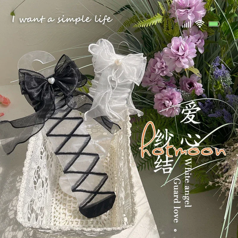 Calcetín de pantorrilla con lazo Retro bonito para niñas, calcetín sencillo de encaje a rayas a la moda para niños, calcetín fino de seda transpirable en blanco y negro - imagen 4