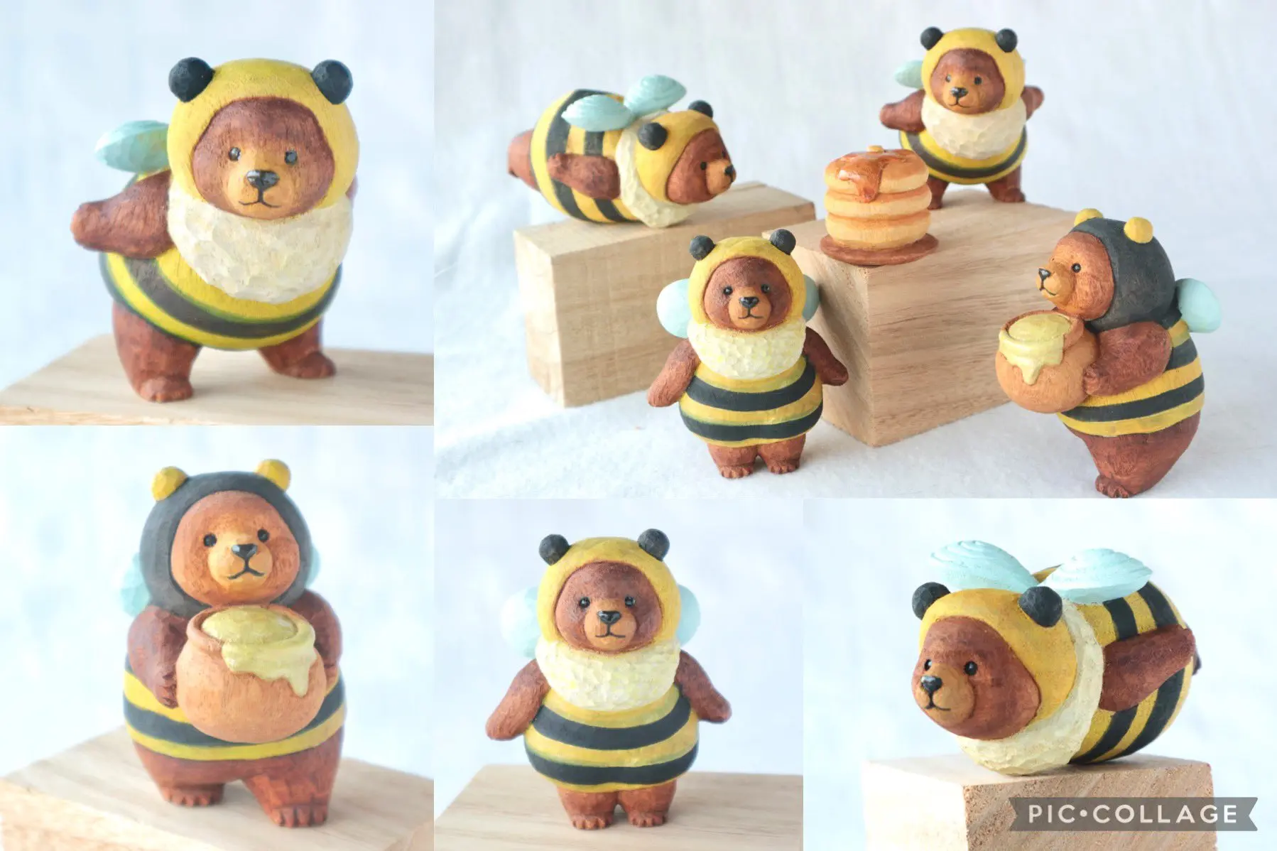 Juguetes Cápsula de cabina de juguete, oso de abeja tallado en madera, oso kawaii súper lindo, vestido como figuras de cadena de bolas de abeja - imagen 3