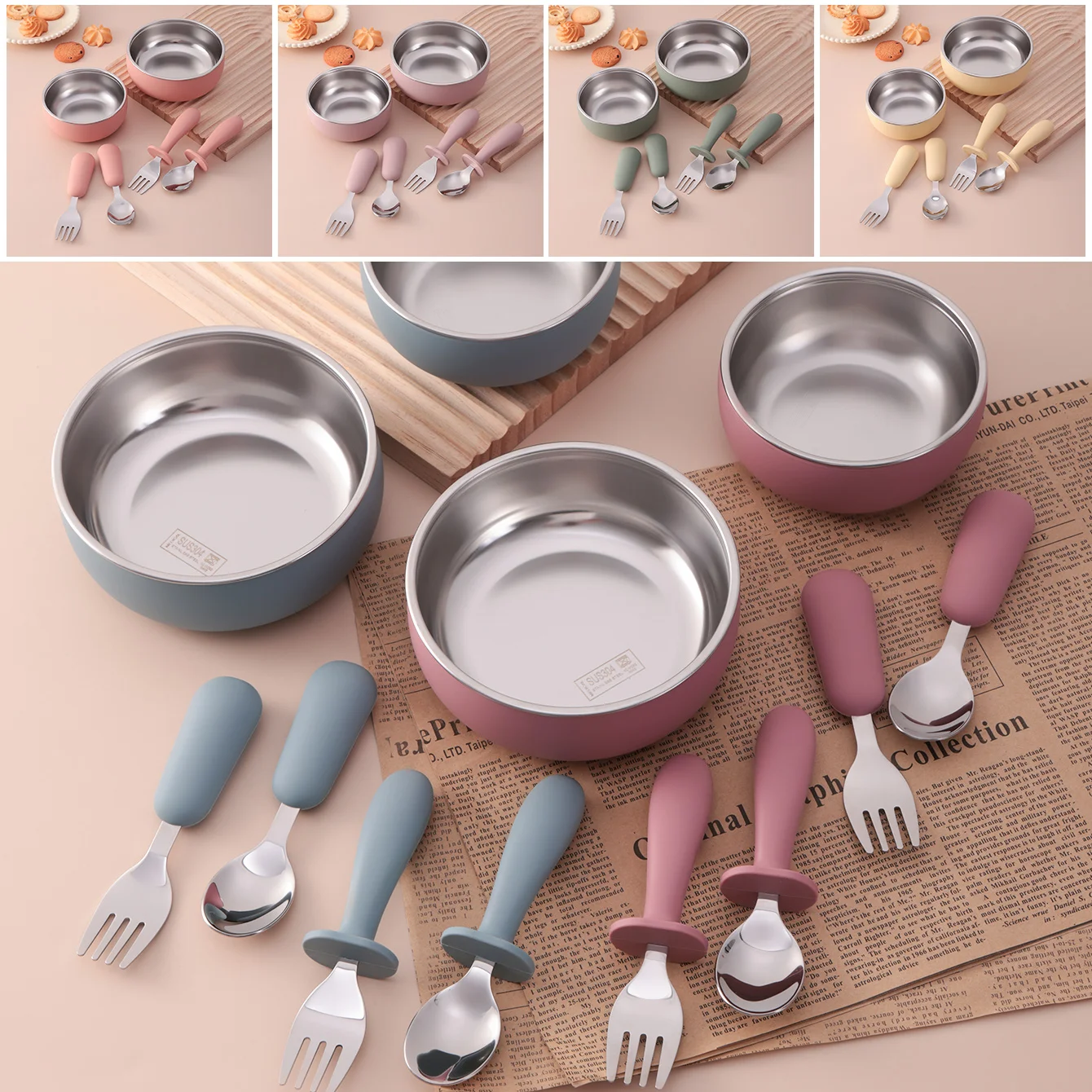 Juego de cubiertos para bebé en acero inoxidable y silicona