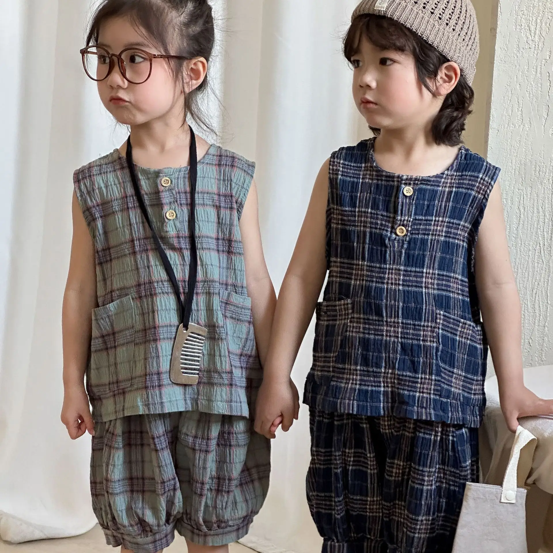 2 unids/set de ropa para niñas y niños, chaleco a cuadros + Pantalones cortos, ropa para niños - imagen 3