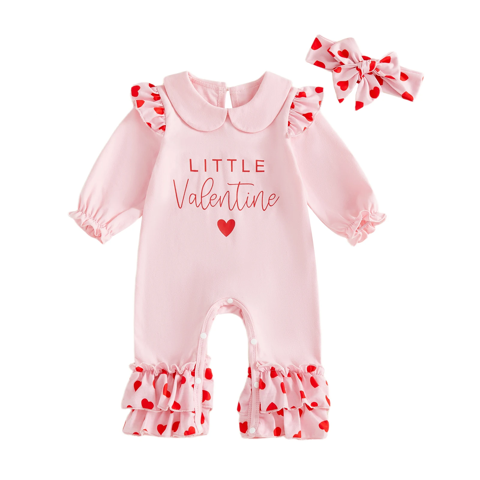 SUNSIOM Conjunto de 2 piezas para bebé recién nacido, niña, día de San Valentín, corazón, letra, volantes, manga larga, mameluco y diadema - imagen 3