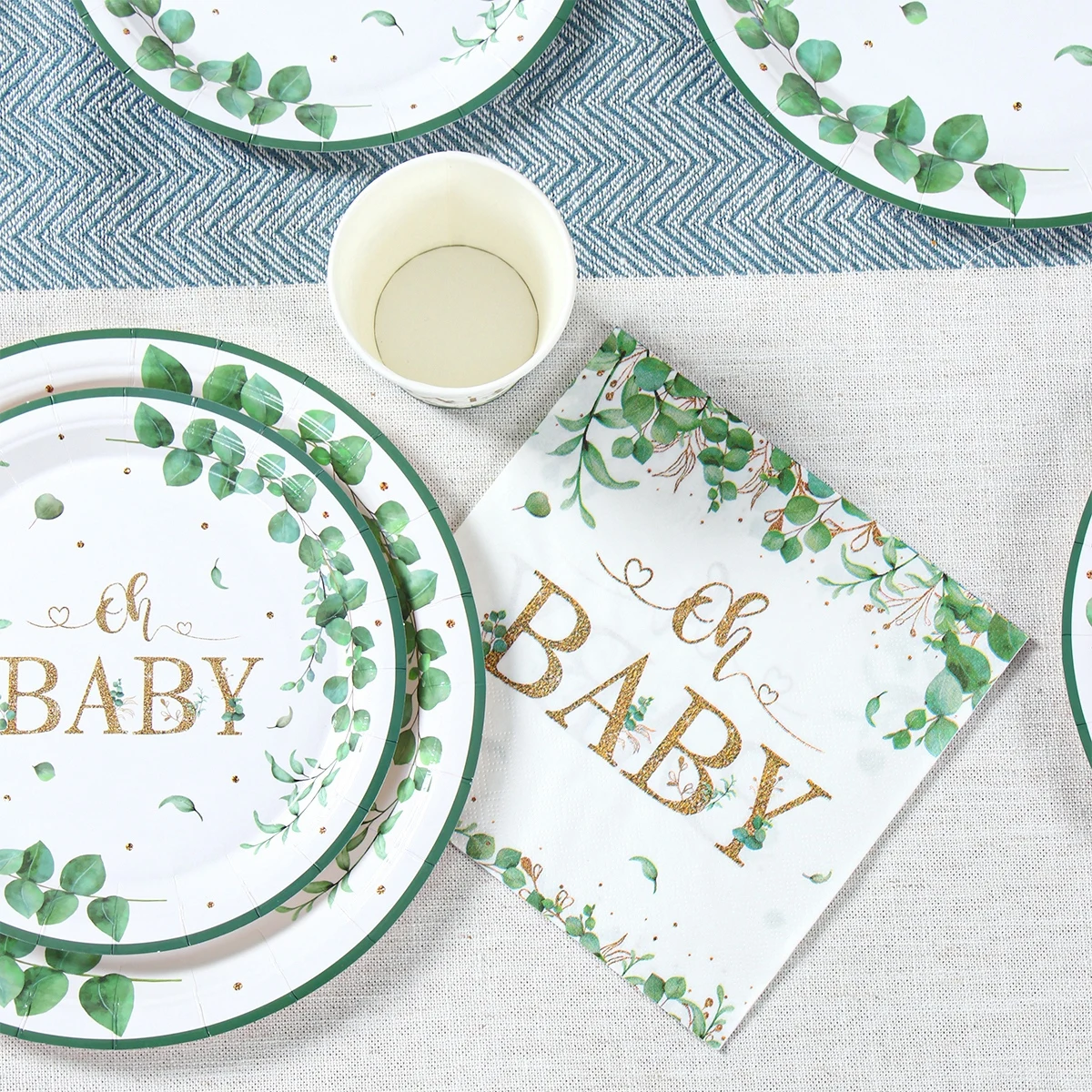 Hoja verde bronceado Oh bebé plato de papel taza servilleta género revelar fiesta vajilla desechable decoración para Baby Shower suministros para fiestas - imagen 3