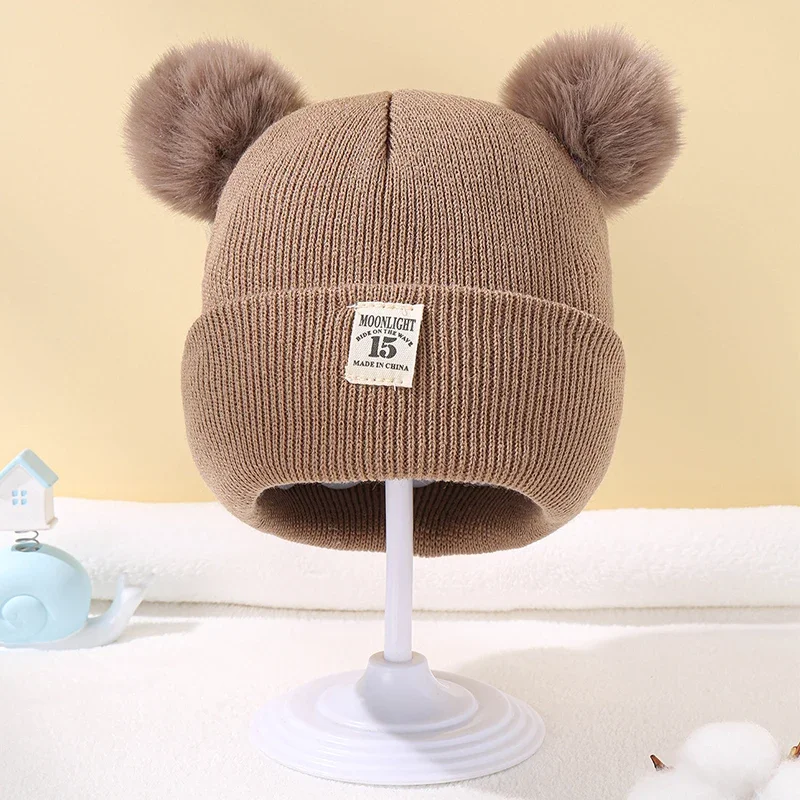 Gorros de punto cálidos para bebé, gorro con orejas de felpa de dibujos animados para niño, gorro de Color sólido, accesorios para niño y niña, Otoño e Invierno - imagen 5