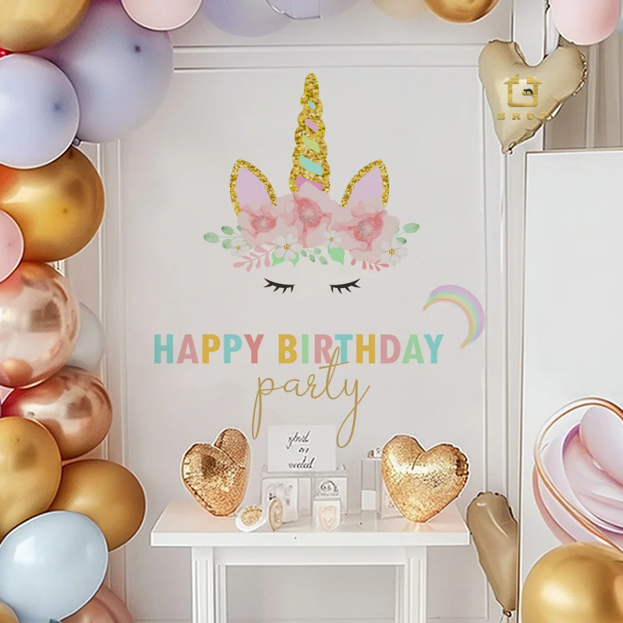 Pegatinas de pared de feliz cumpleaños, pegatinas de pared autoadhesivas de unicornio de dibujos animados de cumpleaños, pegatinas de decoración de fiesta - imagen 5
