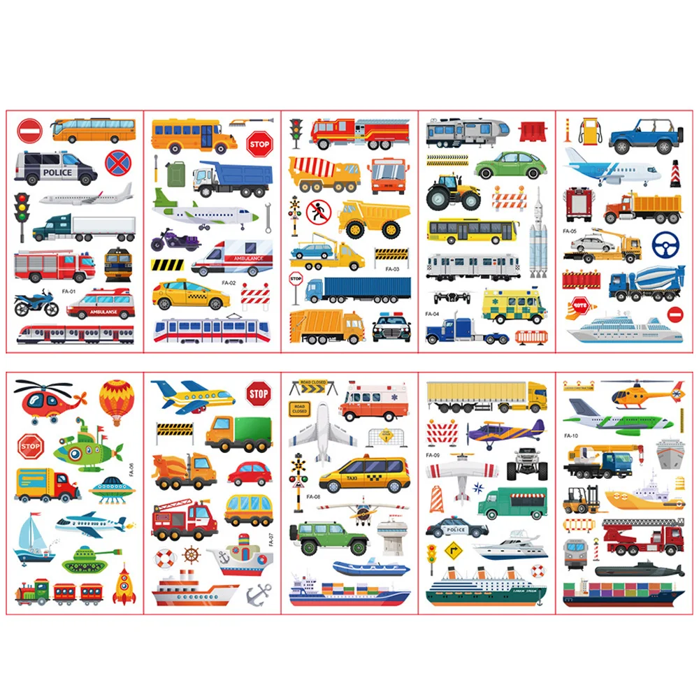 10 hojas/juego de pegatinas de tatuaje de dibujos animados para niños, vehículo de ingeniería de transporte, coches, tatuaje temporal falso, regalo para niños - imagen 3