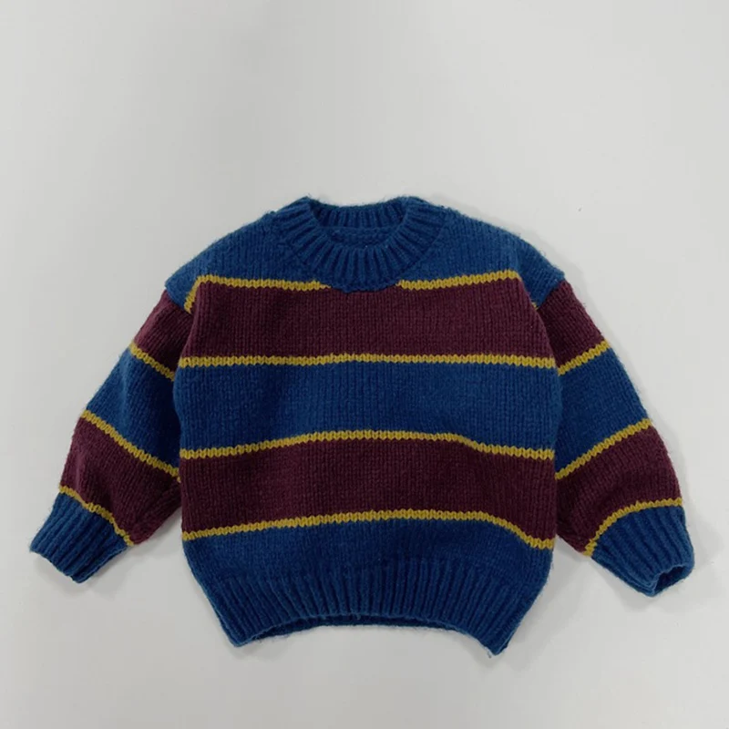 Suéter de punto para bebés, ropa para niños y niñas, prendas de punto a rayas sueltas, Tops de manga larga de algodón para bebés, otoño - imagen 5