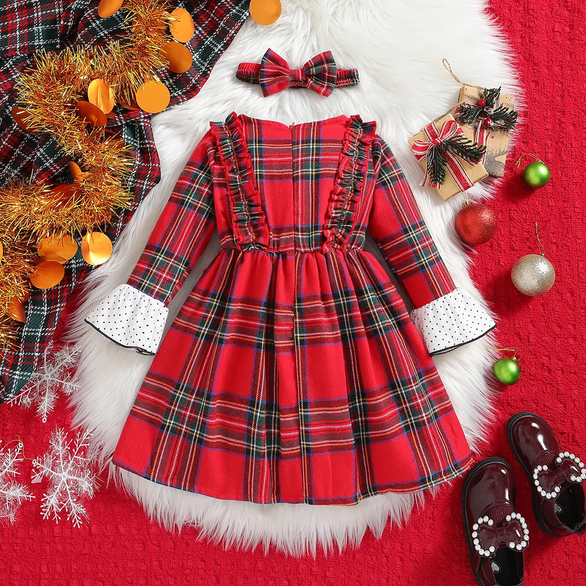 Ropa de lujo de invierno para niñas, vestido de princesa a cuadros + diadema, vestidos de fiesta, traje de Navidad para niños pequeños, ropa de bebé, BC825, 2 piezas - imagen 3
