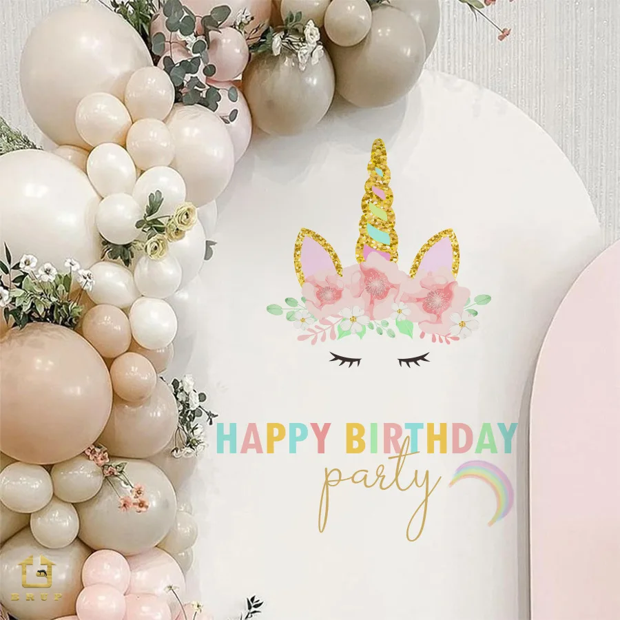 Pegatinas de pared de feliz cumpleaños, pegatinas de pared autoadhesivas de unicornio de dibujos animados de cumpleaños, pegatinas de decoración de fiesta - imagen 3