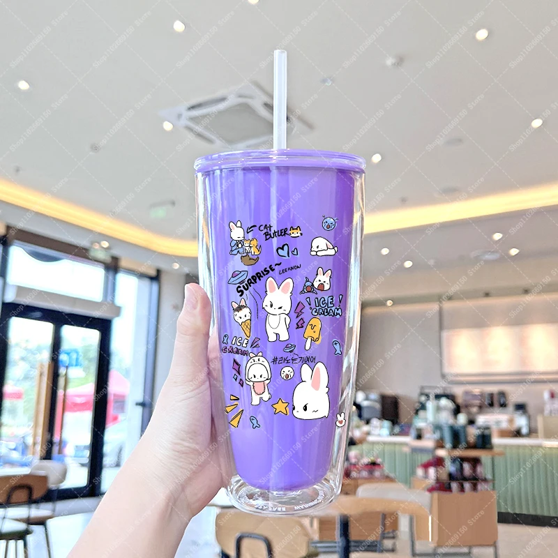 Taza de plástico para bebidas frías para niños, tazas de agua portátiles de dibujos animados SKZ con pajita, contenedor de jugo bonito de Anime para niñas, regalos de navidad - imagen 3