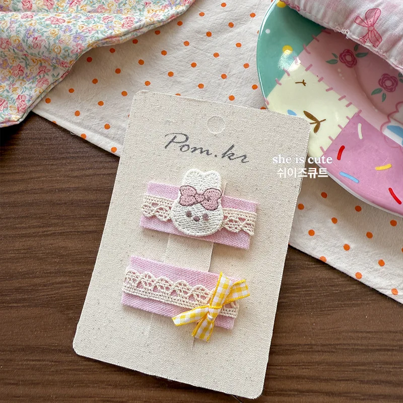 2 unids/set de pinzas para el pelo de conejito Floral para niñas, pasadores con lazo de encaje de conejo de tela de dibujos animados, accesorios versátiles para el cabello para niños - imagen 3
