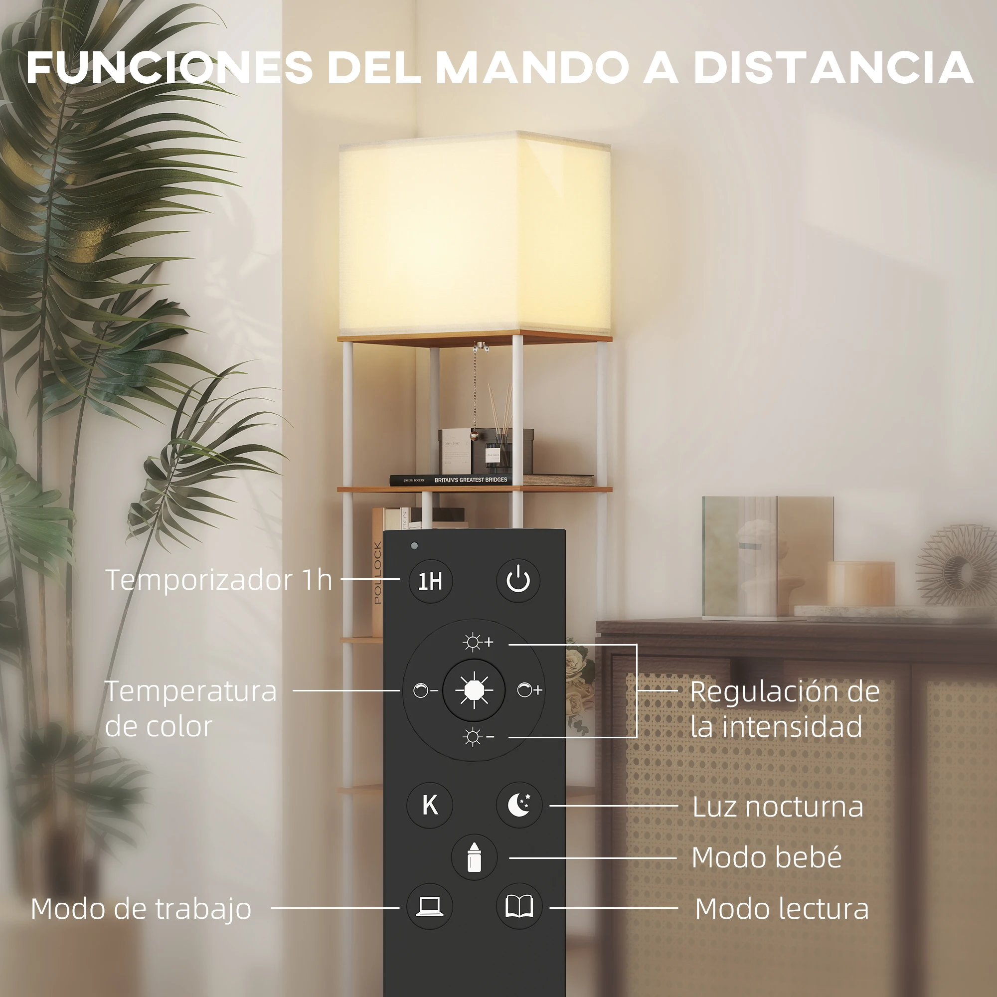 HOMCOM Lámpara de Pie con Estantes, Lámpara Salón con Brillo y Temperaturas de Color Ajustable 3000K-6500K, Control Remoto, Bombilla E27, Temporizador, para Dormitorio, Oficina, Decoración, Natural - imagen 5