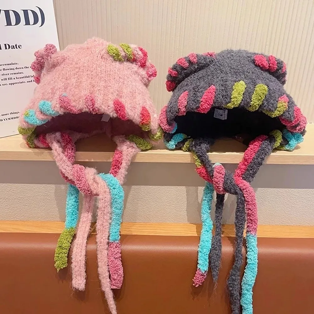 Gorro ligero y cálido de lana tejido con orejas, gorro elástico ajustable para protección de oídos para niños, correas de borlas a prueba de viento, gorro con orejeras - imagen 4