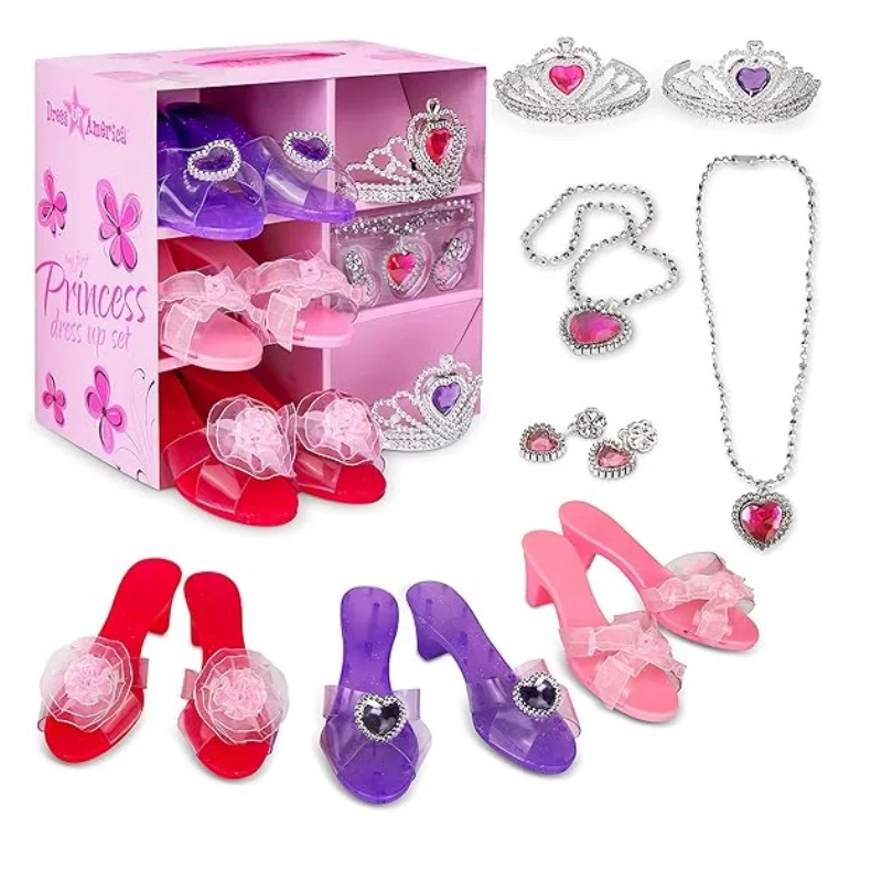 Zapatos de vestir de princesa para niñas, tacones de princesa, Tiaras y conjunto de bisutería, regalos de cumpleaños para niñas