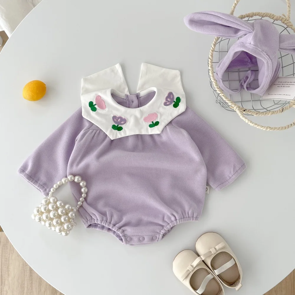 Conjunto de ropa para niñas recién nacidas, traje de una pieza con cuello Peter Pan y bordado de tulipán, primavera 2025