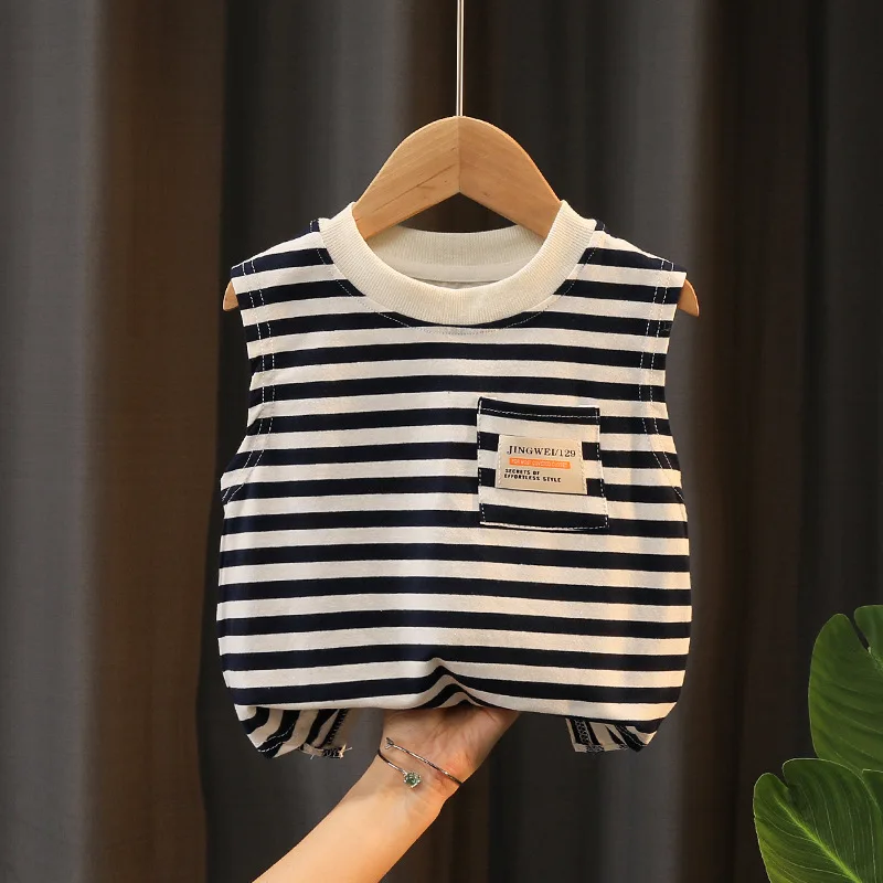 2 piezas 2025 ropa de verano para niños, moda informal coreana, Tops de algodón sin mangas a rayas para bebés + pantalones cortos sueltos, conjuntos para niños B018 - imagen 5