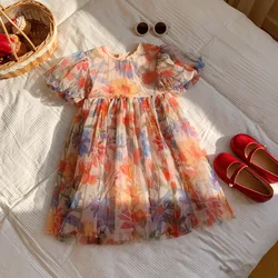 2025 ropa de verano para niños, vestido con estampado de flores y mangas abullonadas para niñas, vestido de malla para niñas