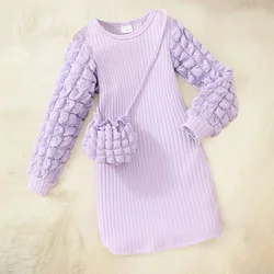 Vestido blanco manga larga abombado para niña – Primavera