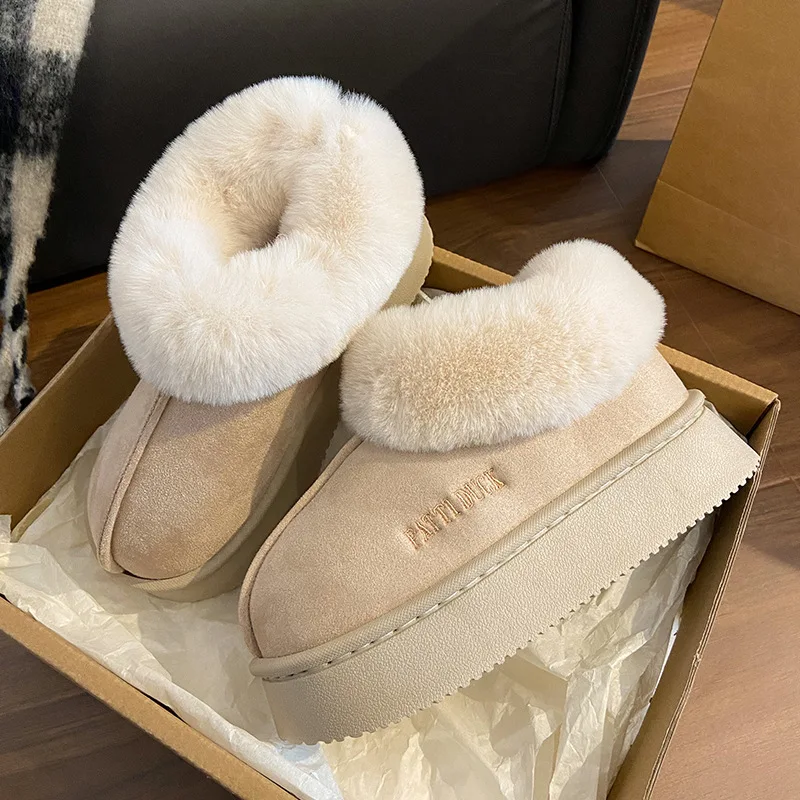 Zapatillas de algodón con plataforma para mujer, zapatos cálidos de piel sintética para casa de invierno, botas de nieve de calle para interiores de estilo alto de felpa suave para niñas - imagen 2