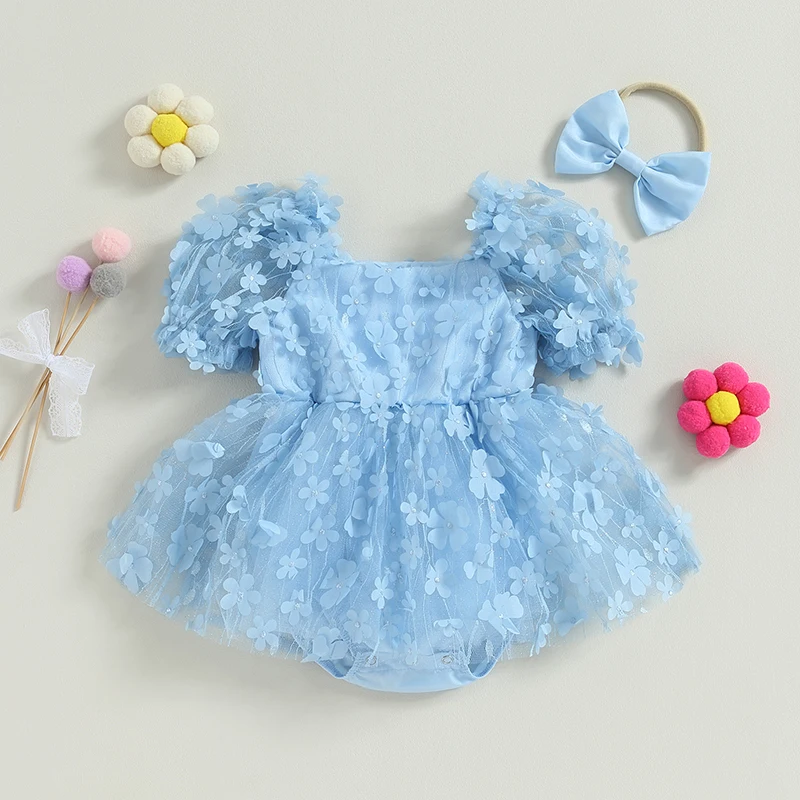 Vestido mameluco niña con flores y diadema – conjunto verano - imagen 4