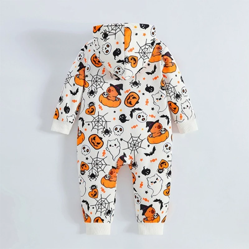Mameluco con capucha cálido de otoño e invierno para bebé neutro de género: lindo mono con estampado de calabaza y fantasma, mono acogedor para Halloween al aire libre - imagen 2