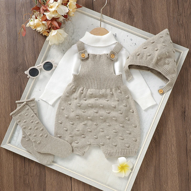 3 unids/set de ropa de bebé de punto sólido de ganchillo para recién nacidos, peleles tejidos sin mangas, sombreros, calcetines, trajes para bebés de 0 a 18m - imagen 3