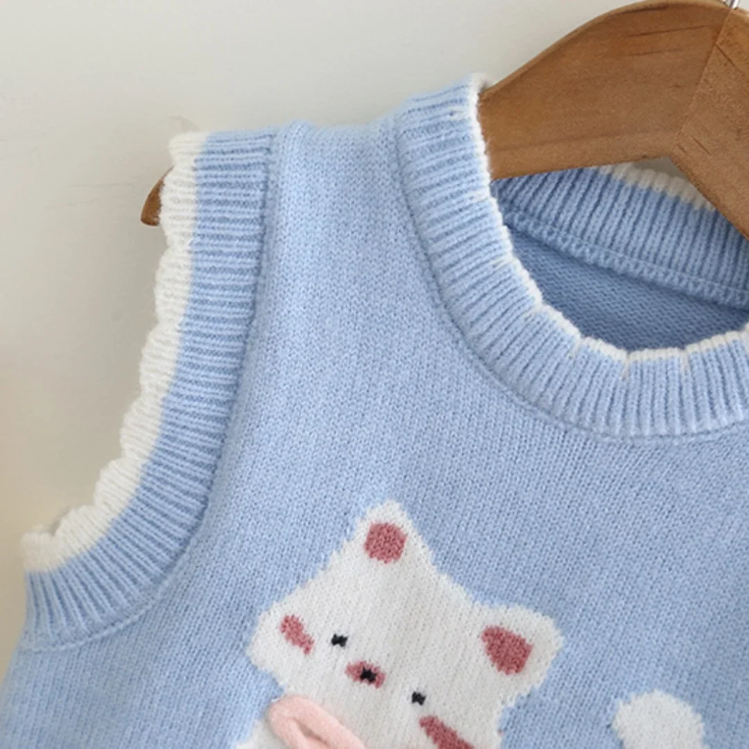 Chaleco de punto fino para niñas con bordado de gato - imagen 5