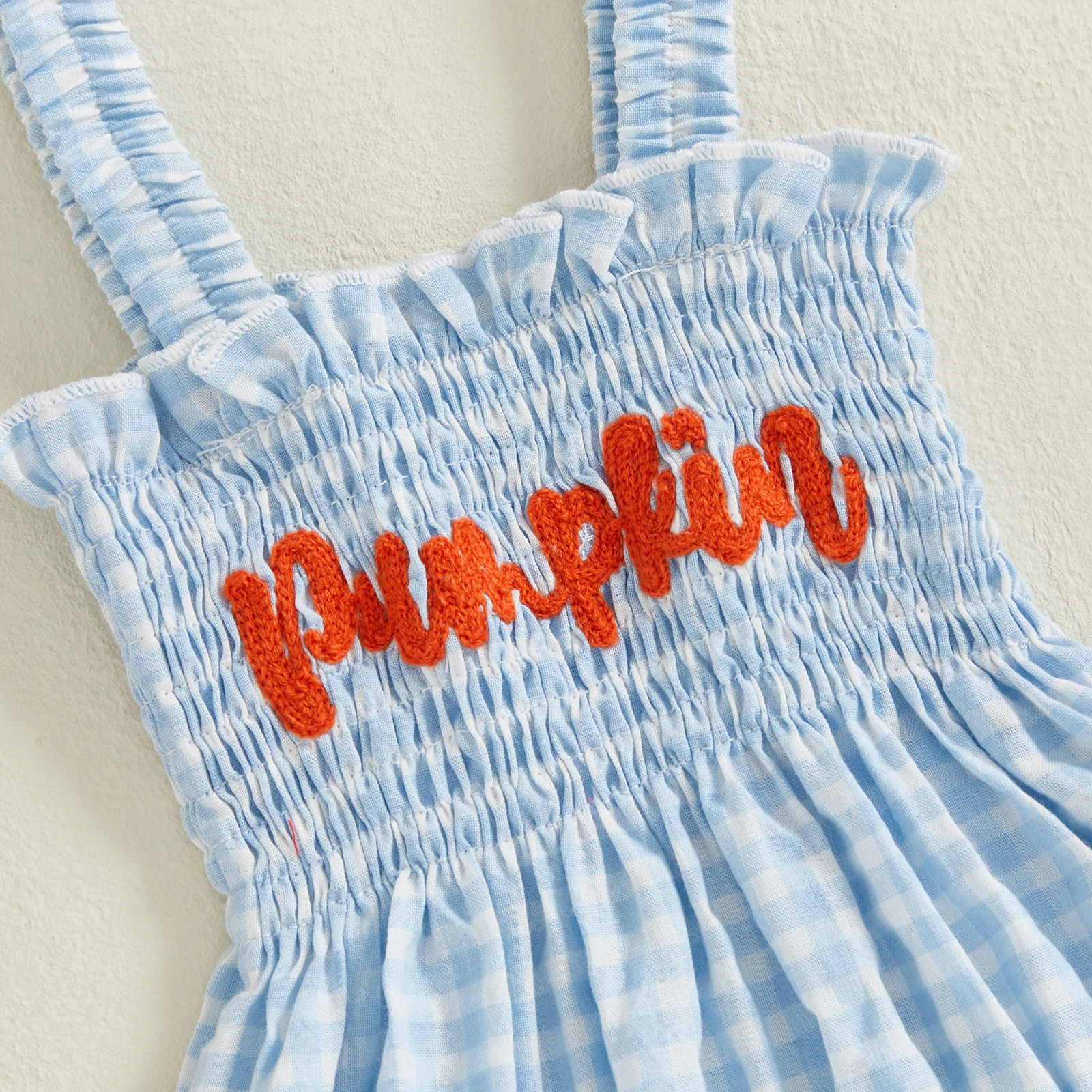 VISgogo Traje de Halloween para niña de 0 a 18 meses, a cuadros, con bordado de calabaza, sin mangas, mameluco general ahumado, diadema, conjunto de 2 piezas - imagen 5