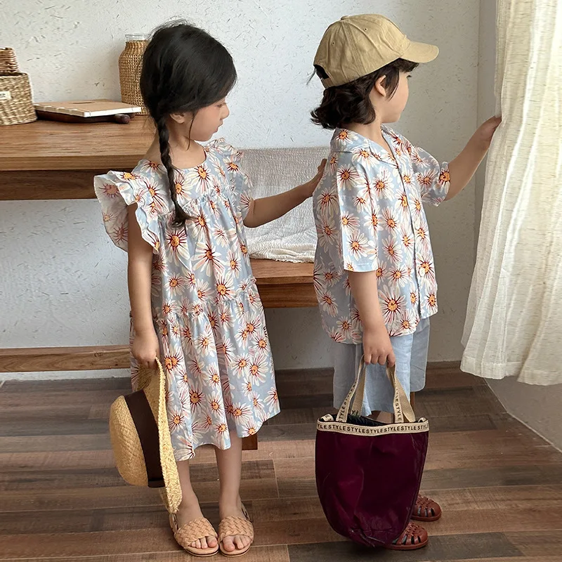 Conjunto para hermanos, ropa de verano para niños de 1 a 8 años, camisa y pantalones cortos de manga corta, 2 uds., traje informal para niños, vestido Floral para niñas - imagen 3