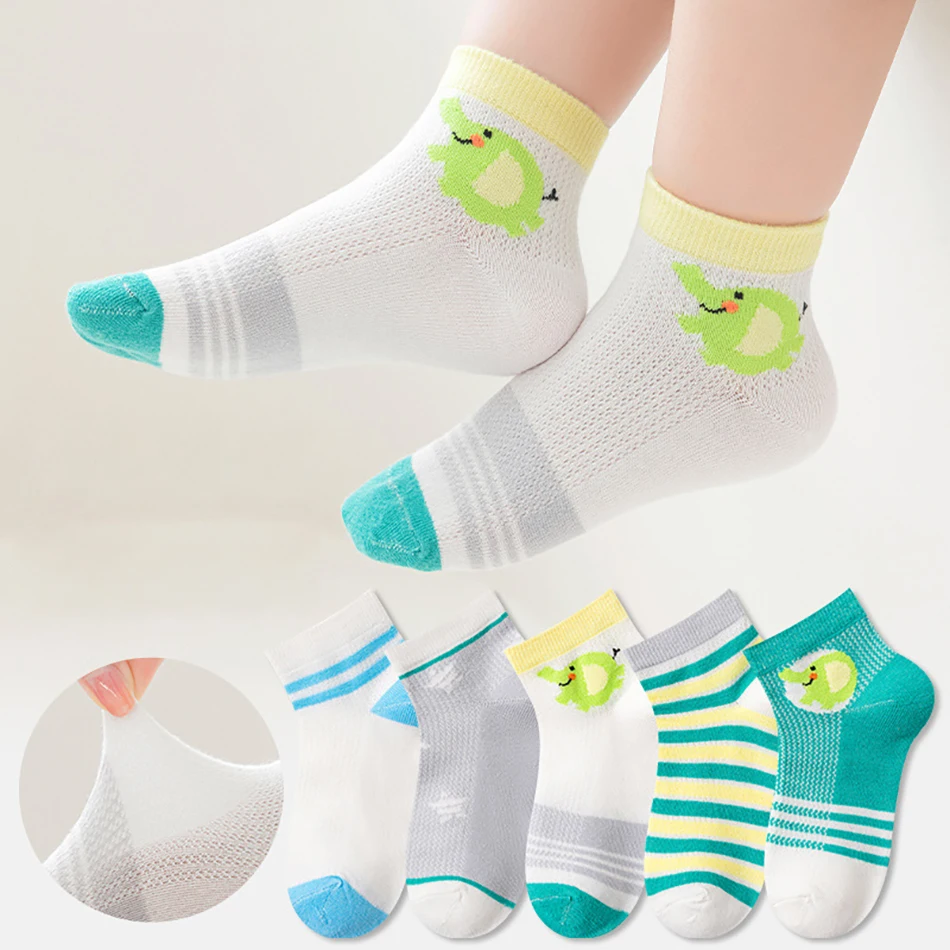 5 pares de calcetines finos y transpirables con dibujos de dinosaurios para niños, adecuados para primavera y verano, malla para clima fresco, diseño máximo y cómodo - imagen 3